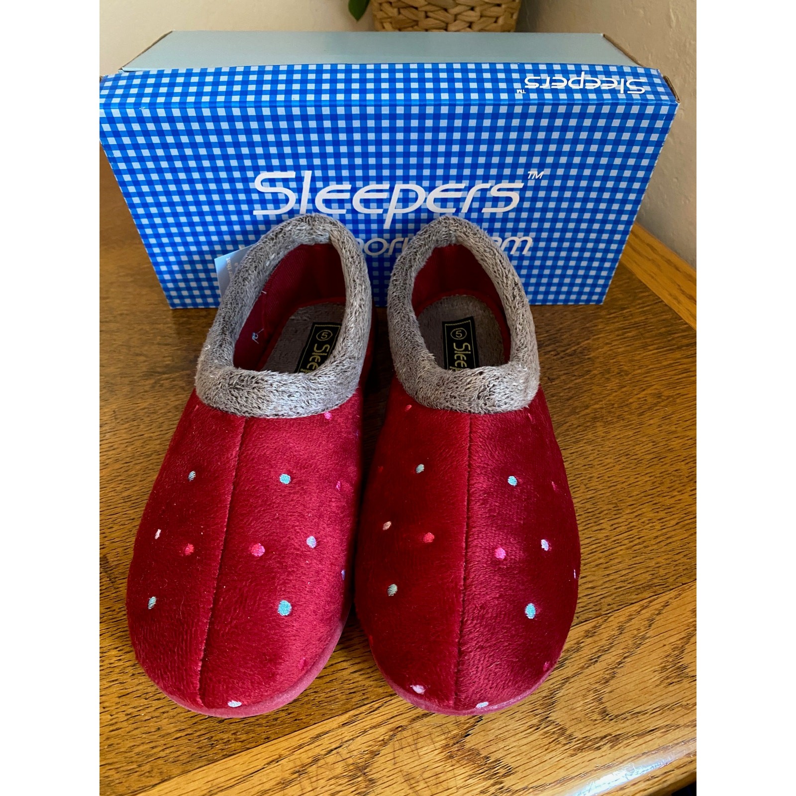 SAOLA Pantofole Sleepers Memory Foam Taglia 5 Rosso con Bordo Grigio Pois Suola in Gomma