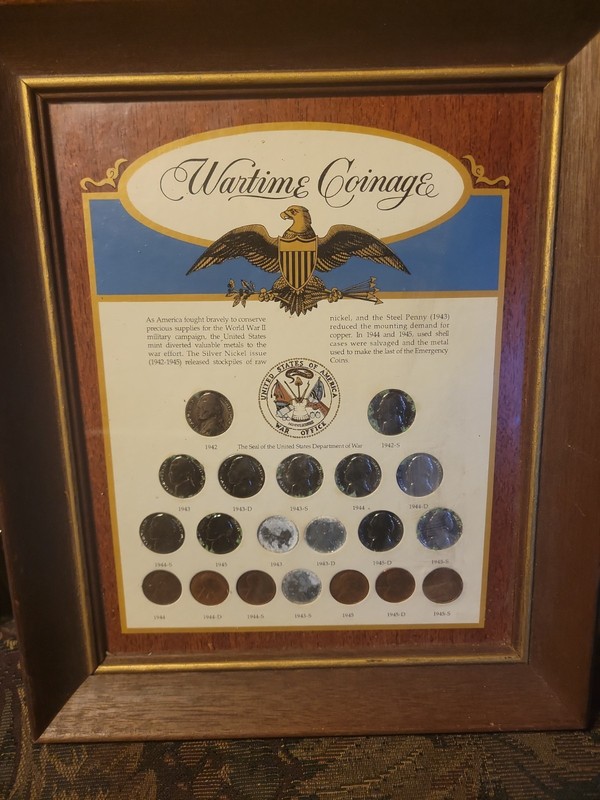 Wartime COINAGE Framed SET of 20 US Coins 1942 - 1945  With SILVER NICKELS 