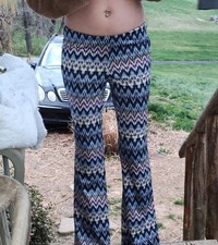 Groovy Silky 70s Retro Hippie Flare Pants With A Blue Chevron Pattern