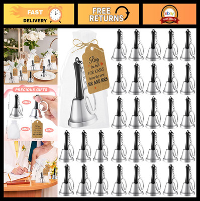 144 Pcs Wedding Kissing Bells Set - Party Favors with Tags, Ropes & Bags - Silve