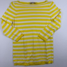 Loft Ann Taylor Yellow White Striped Cotton Sweater Boat Neck 3/4 Sleeve M