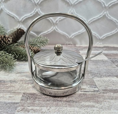 Vintage Prodotti STELLA 18/10 Stainless Steel & Glass Sugar Dish & Spoon, Italy