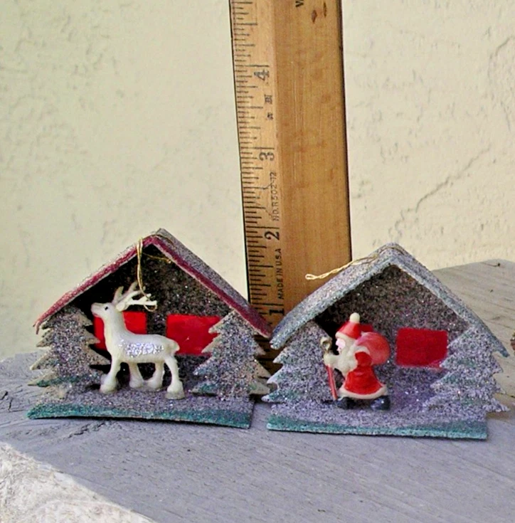 ВИНТАЖНЫЙ CHRISMTAS PUTZ КАРТОННЫЕ ДЕРЕВЕНСКИЕ ДОМА БЛЕСТЯЩИЙ ~ ЯПОНИЯ Лот набор 4 - Изображение 3 из 4