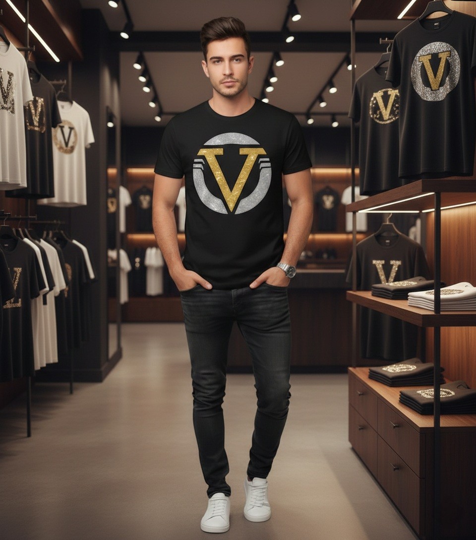 Camiseta gráfica para hombre impresa con brillo plateado dorado moda italiana lujo