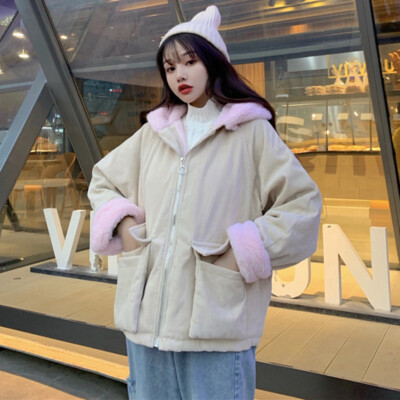 Lady Hooded Corduroy Jackets Coat Faux Fur Fleece Lined Pocket