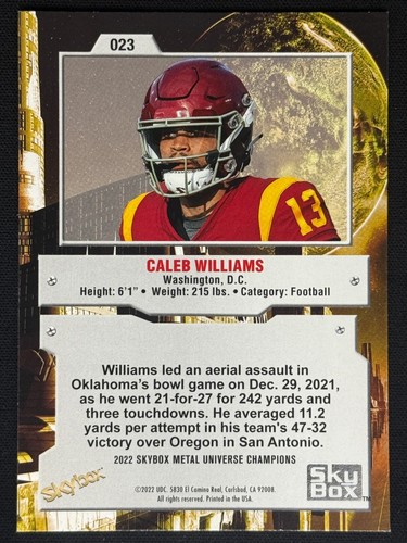 CALEB WILLIAMS 2022 SkyBox Metal Universe Champions Base Rookie RC | USC Bears - Picture 2 of 2