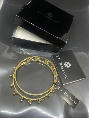 VTG R.J. Graziano GoldTone Faux Pearls Set Of 3 Bangle Bracelets 7.67  NWT Box