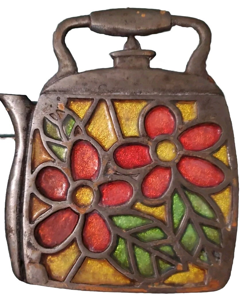 Vintage Cast Iron Teapot Trivet with Orange Yellow Stained Glass 6.75