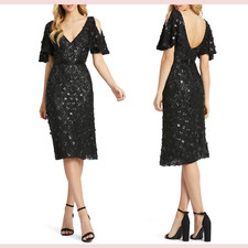 NEW $498 Mac Duggal [ 8 ] Cold Shoulder Sequin Sheath Dress in Black #G1089