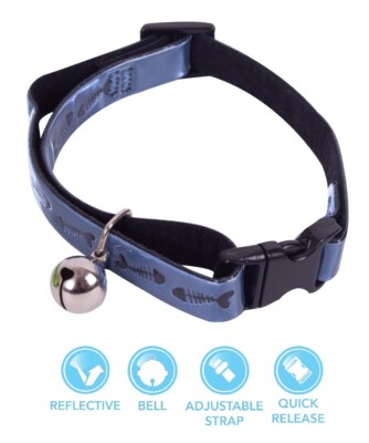 2 x blau Katze & Kätzchen reflektierendes Halsband, Schnalle, Glocke & leicht zu lösen Fisch Design