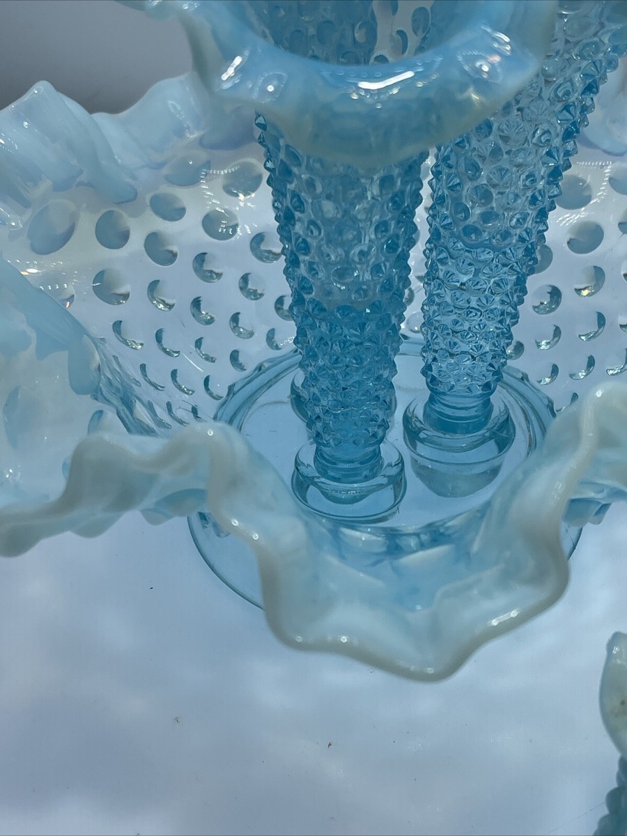 Vtg Fenton Art Glass Blue Opalescent Hobnail Apartment Epergne 3