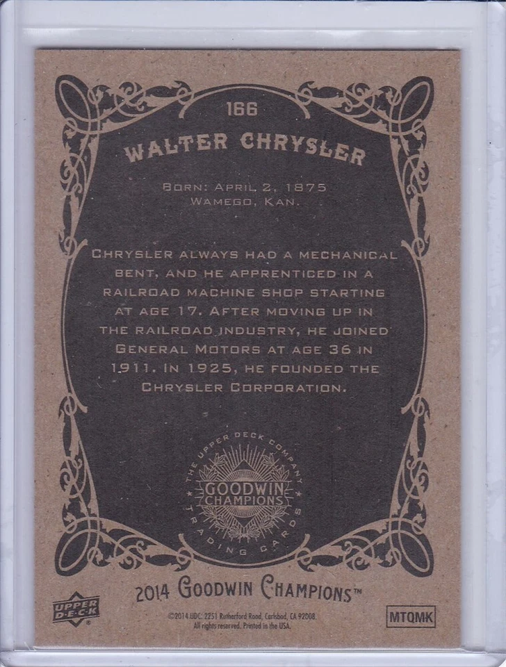 Walter Chrysler 2014 Upper Deck Goodwin Champions Card 166 SP - Image 2 of 2