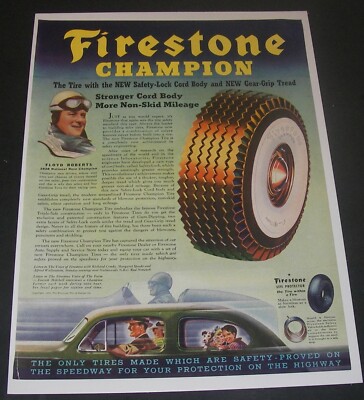 Vintage Print Ad 1939 TIRES Firestone Champion Floyd Roberts ART Four Roses