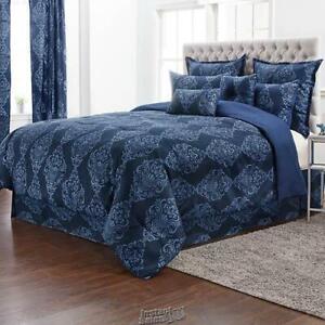 Stoneberry Victoria 12-Pc. Comforter Set Navy FULL & Sheet Set 100% Polyester