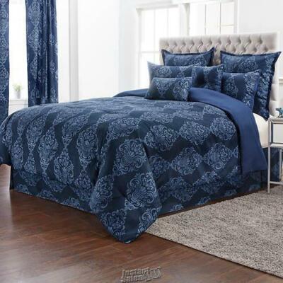 12 Piece Stoneberry Victoria FULL Navy Comforter Sheet Sham Set 100% Polyester