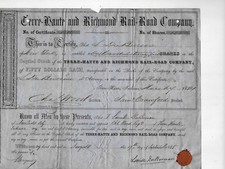 1855 TERRE HAUTE AND RICHMOND RAILROAD VINTAGE ACTION HISTORIC AUTHENTIC