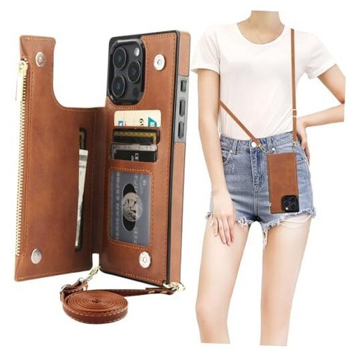 Crossbody Wallet Case for iPhone 16 Pro Max with RFID Blocking Card Slot Brown