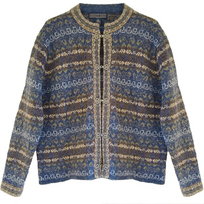 VTG Herman Geist Petite PL Wool Blue Beige Fair Isle Frog Clasp Cardigan Jacket