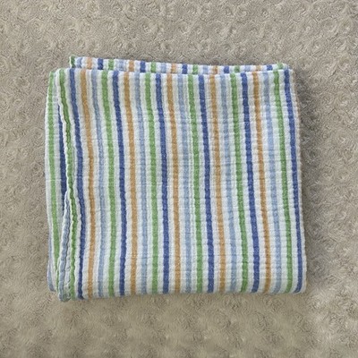 AD Sutton & Sons Blue Stripes Baby Swaddle Blanket Green White Orange Muslin