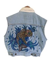 Rafaella UPCYCLED Vtg Denim Vest women's L Koi ART Grunge Pop Art 80s 90s