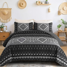 Black Boho Quilt Set King Size,3 Pieces Aztec Texture Bedspread Grey Western Qui