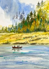 Original painting Landscape fishmen tree shore River forest Watercolor A4 Lake