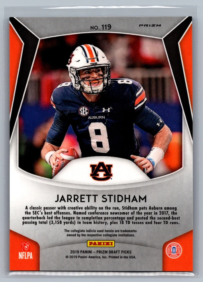 Jarrett Stidham 2019 Panini Prizm Draft Picks Blue Prizm #119 Auburn Tigers RC - Image 2 of 2