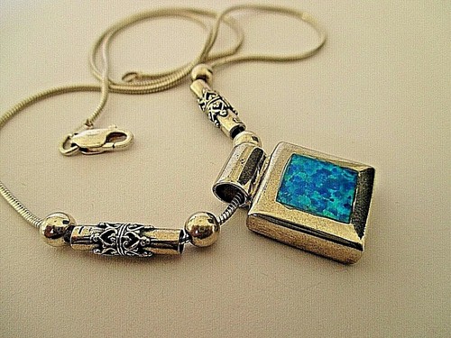 ANTIQUE HANDMADE .925 SILVER BLUE OPAL, PENDANT WITH ORIGINAL CHAIN 20' #87 - Bild 8 von 9
