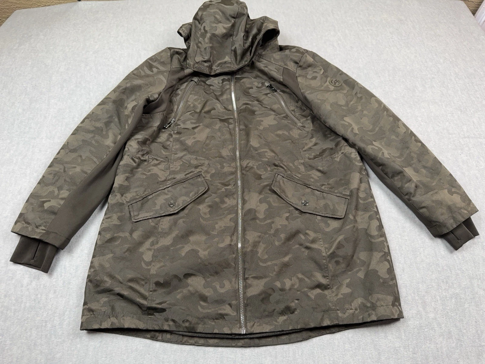 Giacca Michael Kors donna 1X verde moda mimetica militare cappuccio rimovibile zip