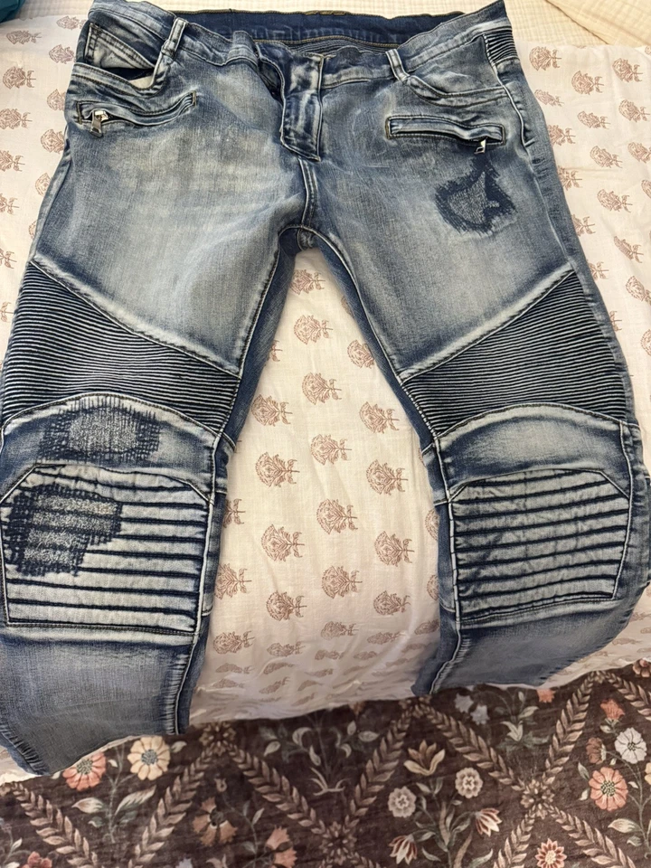 Balmain Paris Slim Biker Motorcycle Jeans Men's Size 32x32 Blue Distressed Japan - Image 3 of 4