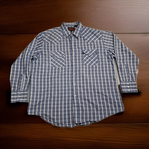 Plains Western Wear Herren XL Pearl Snap Langarm blau kariert gestreift Hemd - Bild 3 von 12