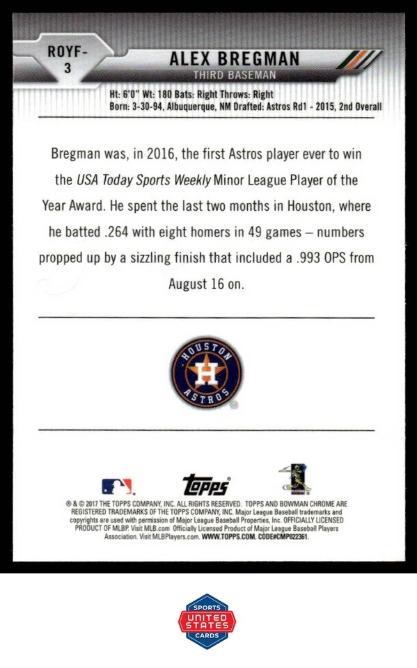 2017 Bowman #ROYF-3 Alex Bregman Rookie of the Year Favorites - Image 2 of 2