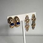 Vintage Dorlan Chunky Clip On Earrings Lot Costume Jewelry Gold Metal Chain Blue