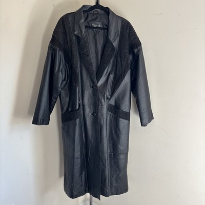 Vtg Marco Morani Sz 2X Black Genuine Leather Long Patterned Trench Coat Jacket