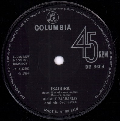 Helmut Zacharias and His Orchestra Isadora 7'' vinyl UK Columbia 1969 solid label