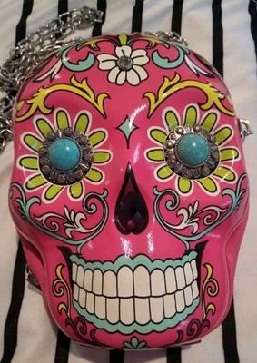 Hot Pink Sugar Skull Day of the Dead Crossbody Silver Chain EUC Purse