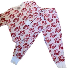 PJ Salvage Waffle Thermal Ski Jammie Set Pants & Top Red Lips Print Cozycore