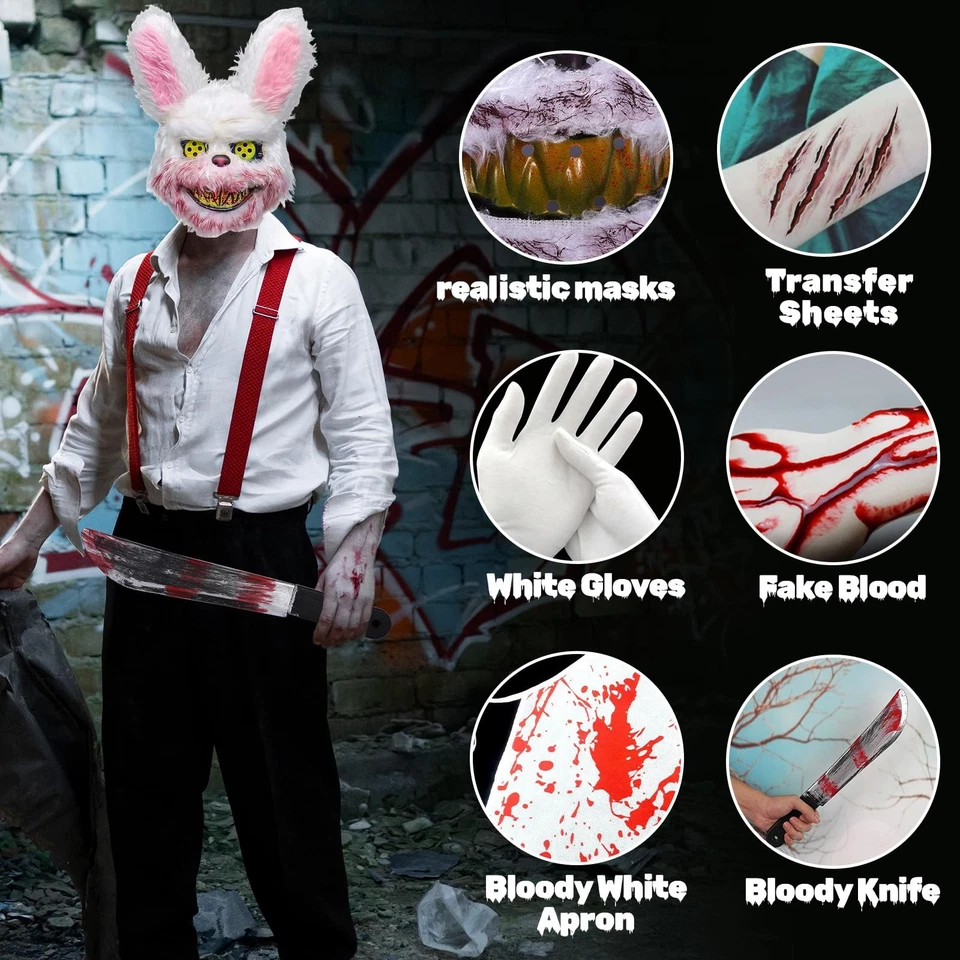 SaiXuan Maschera Coniglio Horror con Accessori Costume Halloween Adulto 6 Pezzi - Immagine 4 di 4
