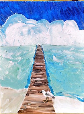 The Almost Empty Pier Colorful Original Modern Art Acrylic Canvas 11x14 Signed