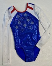 ARISBETH S Gymnastics LEOTARD Competition RHINESTONE BLING White Blue GK Sz: AXS