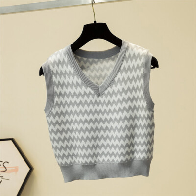 Damen Gestreift V Ausschnitt Ärmellos Pullover Sweatshirt Weste