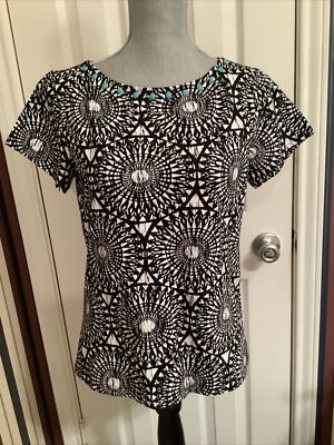 Ruby Rd. S Small Shirt Top Black White Geometric Short Sleeve Aqua Beaded NWT