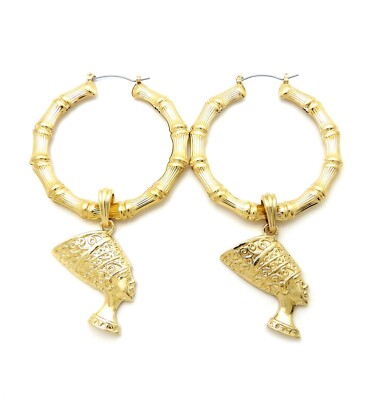New Gold Nefertiti Dangling Pincatch Bamboo Earrings Gold Plated