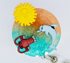 Beach Ocean Sunset Dolphin Reel ID Holder Nurse Teacher EMT Vet Tech Dental PCA