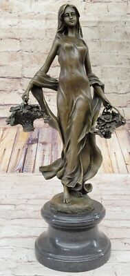 Brwn Patina Real Bronze Thanksgiving Harvest Farmer Girl Statue Sculpture Sale