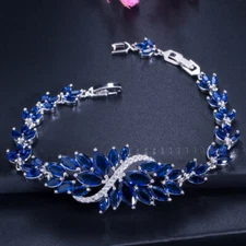 Silver Plated Cubic Zirconia Blue Leaf Branch Women Wedding Party Bracelets 