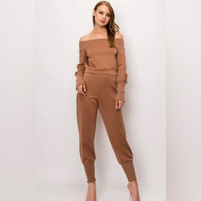 Mocha Cold Shoulder Matching Pant Set Size Large NEW