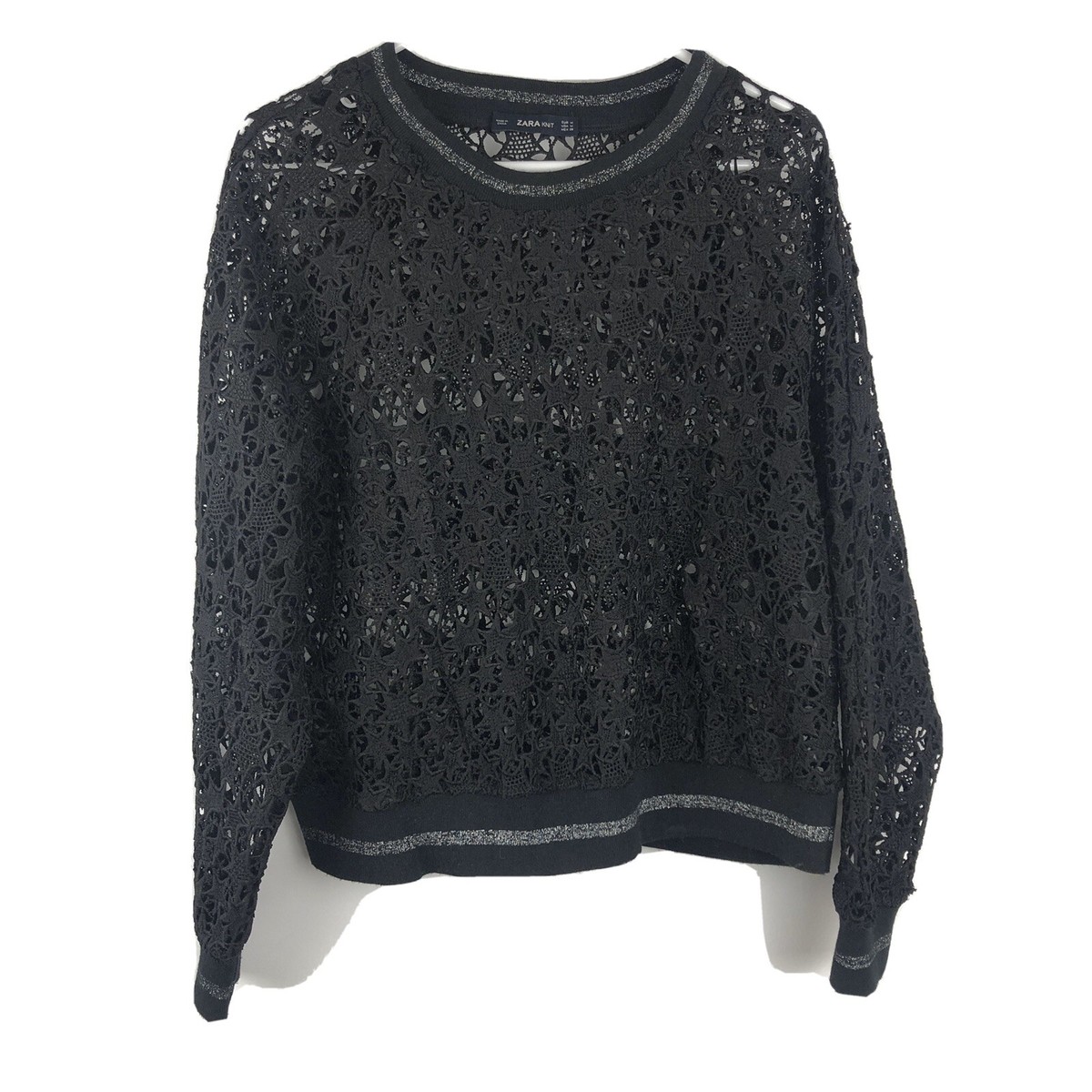 Zara Medium Crochet Top Black Long Sleeves Star Lace Sheer