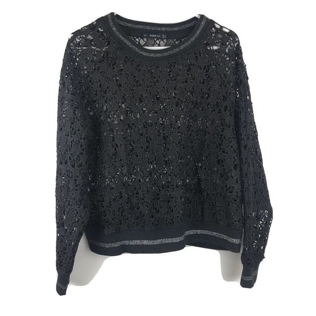 Zara Medium Crochet Top Black Long Sleeves Star Lace Sheer Knit Silver