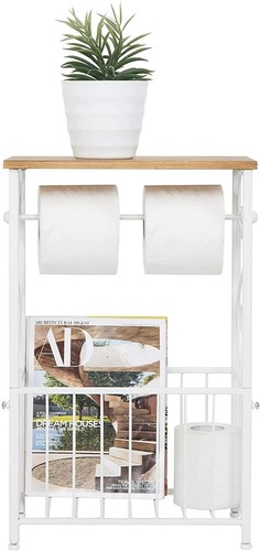 Bathroom Storage Table Scroll Design Brown Wood - White Metal Paper Magazine - Picture 3 of 8